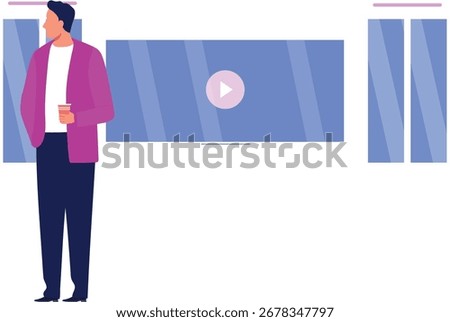 In a bustling cinema lobby, a boy stands eagerly, clutching his ticket. His eyes sparkle with anticipation as he waits to enter the theater for the latest blockbuster.