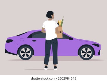 In a bustling city, a woman strides towards a striking purple car, her arms loaded with bags of fresh groceries