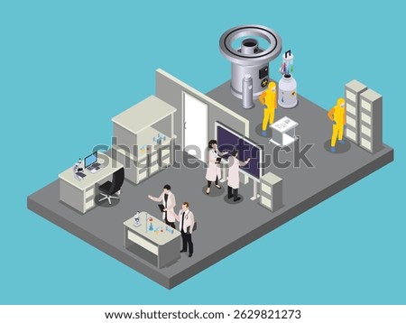 a bustling laboratory environment with scientists in lab coats conducting experiments and interacting with various scientific equipment isometric 3d vector illustration