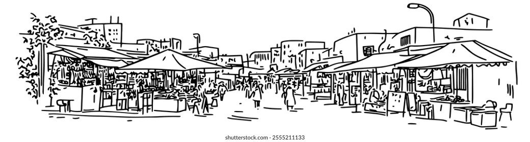 bustling marketplace in Tel Aviv, doodle hatching vector sketch, panoramic view