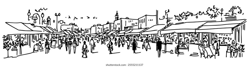 bustling marketplace in Tel Aviv, doodle hatching vector sketch, panoramic view