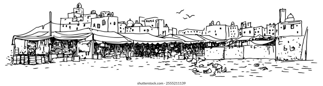 bustling marketplace in Tel Aviv, doodle hatching vector sketch, panoramic view