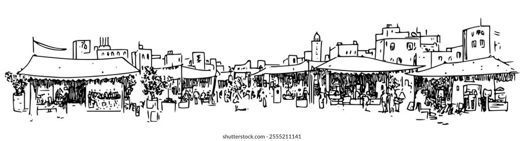 bustling marketplace in Tel Aviv, doodle hatching vector sketch, panoramic view