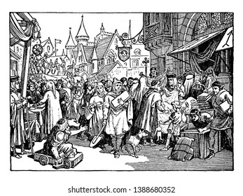 A bustling street fair in France during the 13th century. Numerous people crowd the streets, selling and buying various wares. In the foreground, a crippled man on a cart begs passer-by, vintage