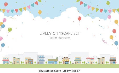 A bustling streetscape with simple shops and houses against the backdrop of balloons, garlands and confetti flying in the refreshing blue sky. 16:9 sized vector illustration