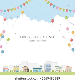 A bustling streetscape with simple shops and houses against the backdrop of balloons, garlands and confetti flying in the refreshing blue sky. Square vector illustration