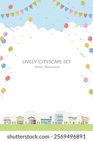 A bustling streetscape with simple shops and houses against the backdrop of balloons, garlands and confetti flying in the refreshing blue sky. A size vertical vector illustration