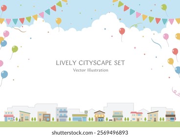 A bustling streetscape with simple shops and houses against the backdrop of balloons, garlands and confetti flying in the refreshing blue sky. A size horizontal vector illustration