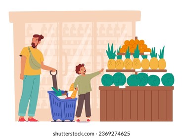 In The Bustling Supermarket, A Hysterical Child Passionately Demanded To Buy A Pineapple, Turning A Routine Shopping Trip Into A Memorable, Fruity Adventure. Cartoon People Vector Illustration