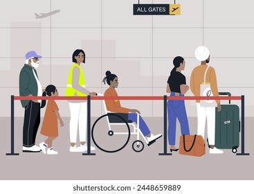 Bustling Terminal Queue, Diverse Travelers Navigating the Airport Gates, Passengers await their turn in a busy airport line, reflecting the diversity of modern travel