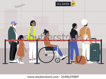 Bustling Terminal Queue, Diverse Travelers Navigating the Airport Gates, Passengers await their turn in a busy airport line, reflecting the diversity of modern travel