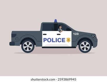 In a bustling urban environment, a police pickup truck with a uniformed officer stands ready to respond to any emergencie, their presence emphasizes commitment to safety