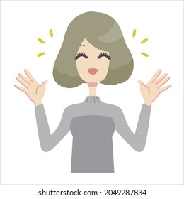 Bust-up vector illustration of a woman's facial expression rejoicing with both hands raised