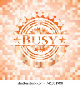 Busy abstract emblem, orange mosaic background