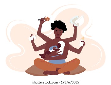 Busy African American Mother Taking Care Of Her Child. Multitasking Black Mom With Six Hands Changes Diapers, Feeds, Puts Her Baby To Bed. Flat Vector Illustration.