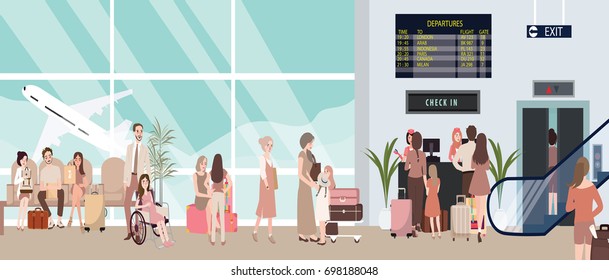 busy airport scene illustration with plane and people waiting in check-in counter man woman bring baggage for flight sitting and standing