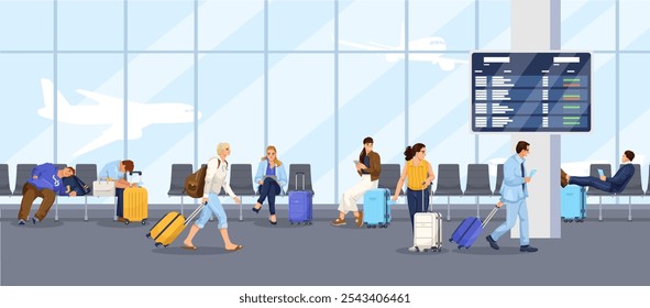 Ocupada escena de la terminal del aeropuerto con pasajeros y equipaje. Ilustración vectorial