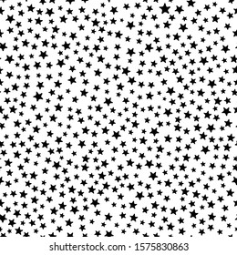 Busy all over seamless repeat pattern with tiny small ditsy black stars tossed on a white background