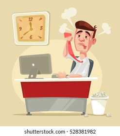 Busy angry stressful office worker character. Vector flat cartoon illustration