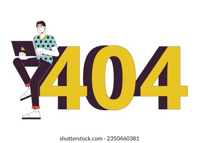 Busy asian man working on laptop error 404 flash message. Remote work. Empty state ui design. Page not found popup cartoon image. Vector flat illustration concept on white background