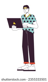 Busy asian worker flat line color vector character. Editable outline full body freelancer programming on white. Simple cartoon spot illustration for web graphic design