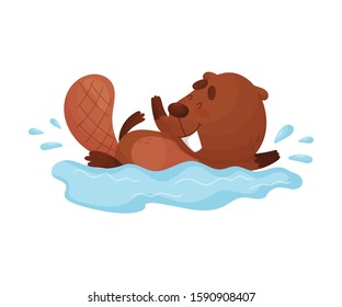 Busy Beaver Splashing in the Water Vector Illustration