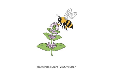Busy bee pollinating a purple blooming sprig with visible pollen sacs on its legs.