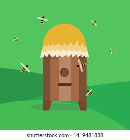 Busy bees flying around a bee hive. Flat vector minimalistic illustration.