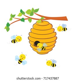 Busy bees flying around a beehive. Isolated.