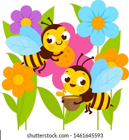 Busy Bees Flying Around Colorful Flowers. Vector Illustration