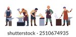 Busy blacksmiths cartoon characters in apron working with hammer and anvil, forging steel set