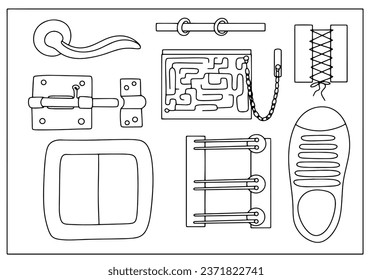 Busy board for restoring motor functions to perform everyday activities. World Occupational Therapy Day. One line drawing for different uses. Vector illustration.