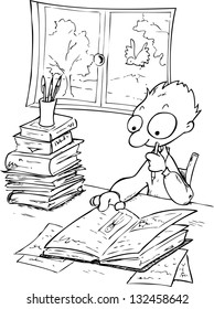 Busy boy studying with a lot of books