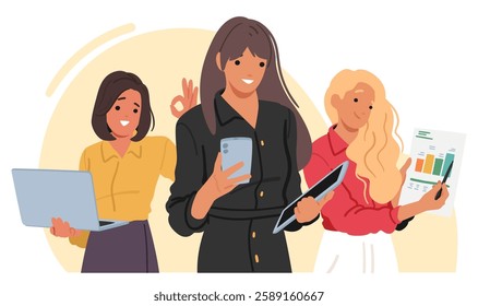 Busy business ladies engaged in routine work, daily plan job activity using professional instrument carton scene. Female executive managers corporate employees and entrepreneurs vector illustration