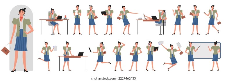 Busy business lady character in different situations and postures set vector illustration. Cartoon sad and happy female corporate worker, executive manager talking, showing poses isolated on white