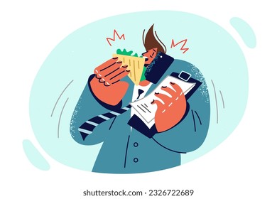 Busy business man eating and talking on phone at same time, working in multitasking mode. Guy in business suit suffers from overwork and lack of time for full meal due to strict deadlines.