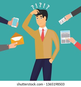 Busy business man with too much workload. vector