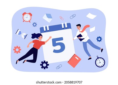 Busy business people flying near calendar with deadline date. Team of tiny office workers working flat vector illustration. Time management concept for banner, website design or landing web page