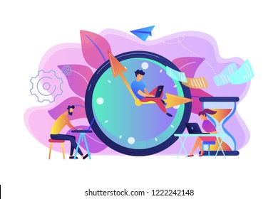 Busy business people with laptops hurry up to complete tasks at huge clock and hourglass. Deadline, project time limit, task due dates concept. Bright vibrant violet vector isolated illustration