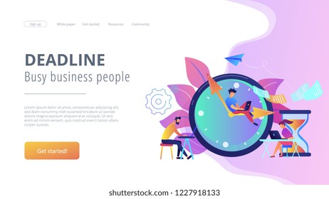 Busy business people with laptops hurry up to complete tasks at huge clock and hourglass. Deadline, project time limit, task due dates concept. Website vibrant violet landing web page template.