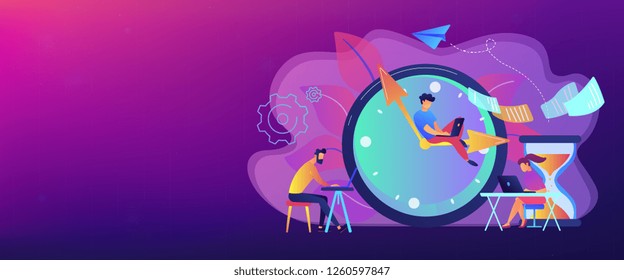 Busy business people with laptops hurry up to complete tasks at huge clock and hourglass. Deadline, project time limit, task due dates concept. Header or footer banner template with copy space.