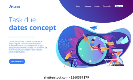 Busy business people with laptops hurry up to complete tasks at huge clock and hourglass. Deadline, project time limit, task due dates concept. Website vibrant violet landing web page template.