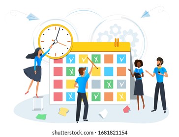 Busy business people planning a meeting with calendar. Colleagues planning events, tasks and appointments using schedule plans. Tasks scheduling. Effective time management. Deadline