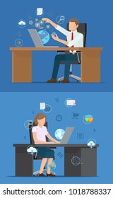 Busy business people and set of technology logos, vector illustration with cloud globe gears and arrows, percents and graphics and other tech icons