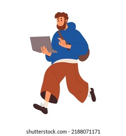 Busy business person hurrying, running, walking with laptop computer in hands. Hectic active man freelancer late with work, rushing. Flat graphic vector illustration isolated on white background.