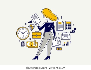 Busy business person working on some commercial project vector outline illustration, entrepreneur analyzing financial data, manager company leader.