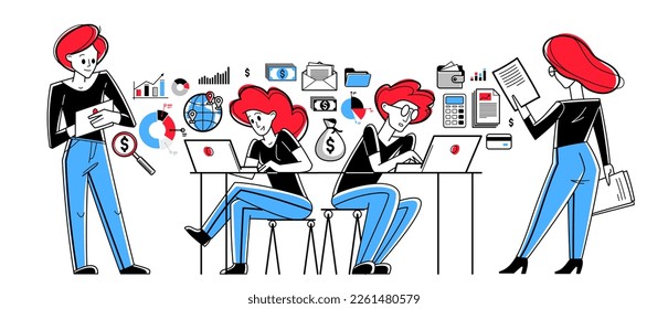 Busy business team working on some commercial project online vector outline illustration, entrepreneurs analyzing virtual financial data, e-business teamwork.