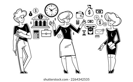 Busy business team working on some commercial project vector outline illustration, entrepreneurs analyzing financial data, teamwork.