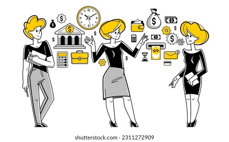 Busy business team working on some commercial project vector outline illustration, entrepreneurs analyzing financial data, teamwork.