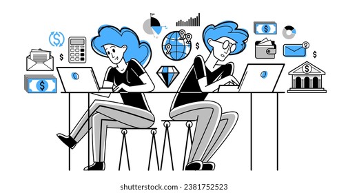 Busy business team working on some commercial project online vector outline illustration, entrepreneurs analyzing virtual financial data, e-business teamwork.